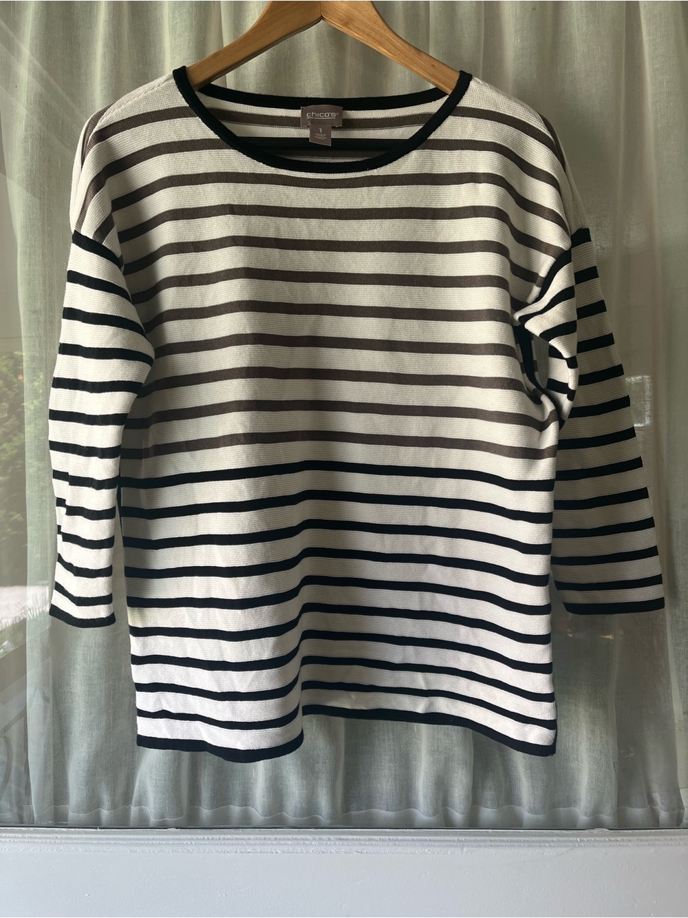 Chico's Black Taupe and White Striped Boxy Knit Top